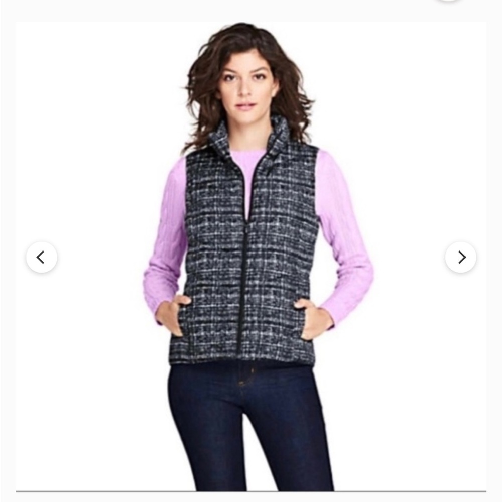 Lands' End Down filled puffer Black White Quilted Shell Vest jacket sz L women’s